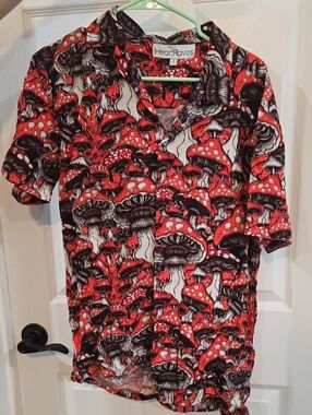 iHeartRaves Red and Black Mushroom Print Button-Up Shirt